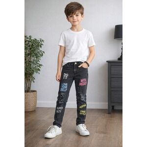 Hungson‎ Boys Skinny Destroyed Distressed Black Jeans Size 8 With Word Graphics